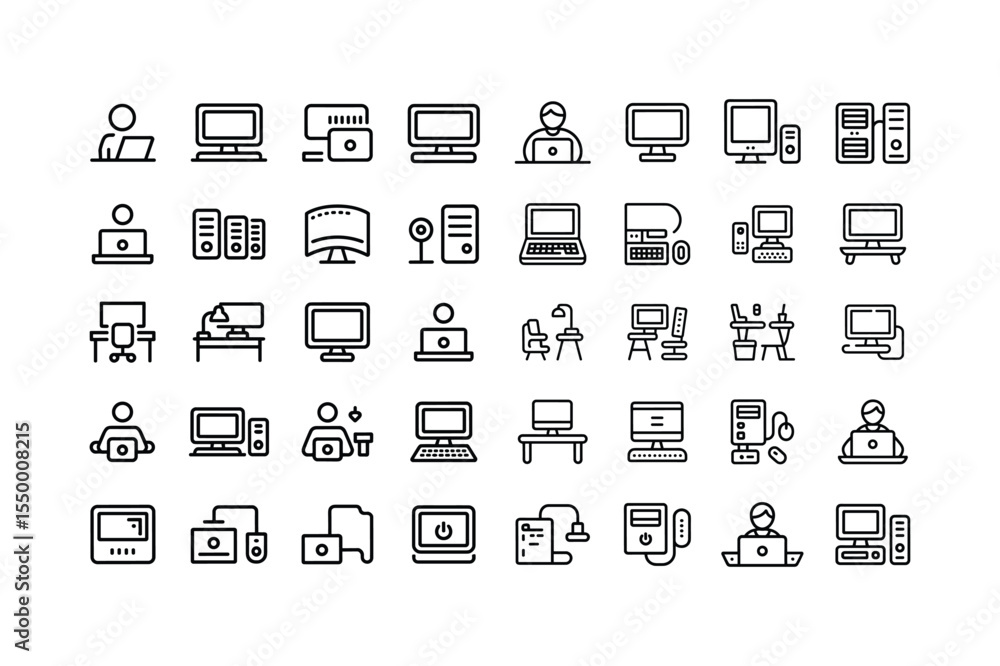 Fototapete Black and White Computer Icon Set Desktop Laptop Workstation Icons Person Using Computer Technology Symbols