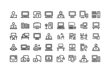 Black and White Computer Icon Set Desktop Laptop Workstation Icons Person Using Computer Technology Symbols