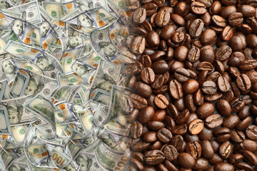 Rising coffee price. Roasted beans and dollar bills, double exposure