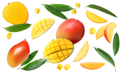 Tasty sweet mango fruits and green leaves on white background, collage