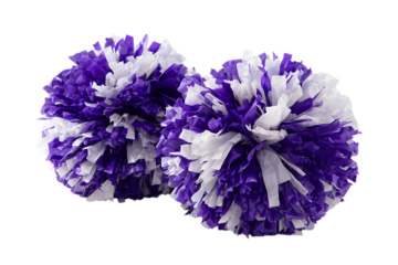 Pair of purple and white cheerleading pompoms, isolated on black background.