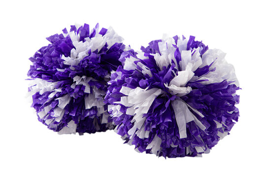 Pair of purple and white cheerleading pompoms, isolated on black background.