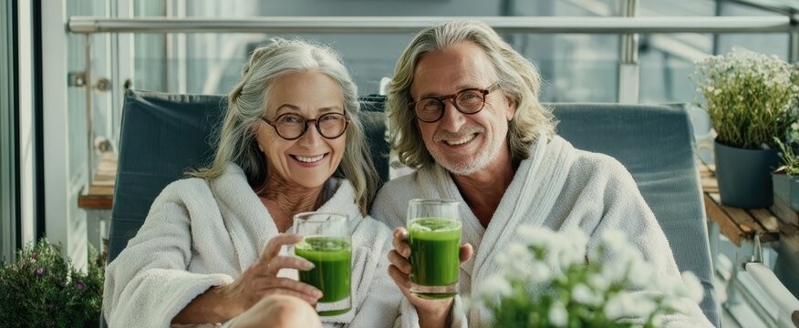 The joyful couple savoring fresh green juices on their balcony.