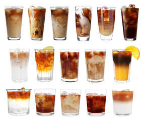 Different cold coffee drinks isolated on white, set