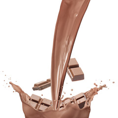 Pouring chocolate milk and flying pieces of chocolate against white background