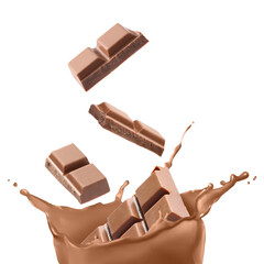 Chocolate pieces falling into splashing chocolate milk against white background
