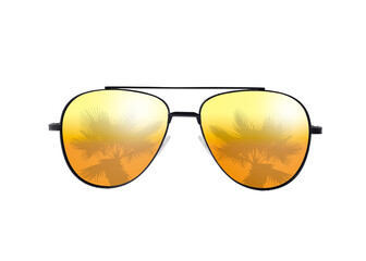 Fototapeta na wymiar Bright sunglasses with reflection of palm on lenses against white background