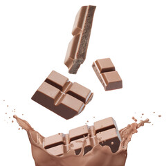 Chocolate pieces falling into splashing chocolate milk against white background