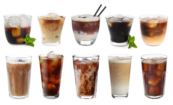 Different cold coffee drinks isolated on white, set