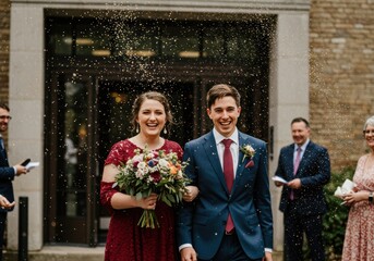 Newlyweds celebrate their wedding with confetti as they exit the ceremony.