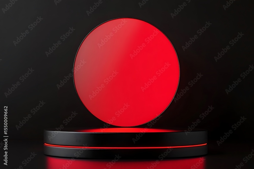 Poster round podium illuminated with red light on dark background. 3d rendering