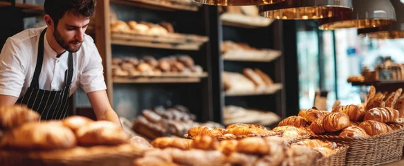 Fotobehang The artisan baker preparing fresh pastries in a modern bakery setting © MP Studio