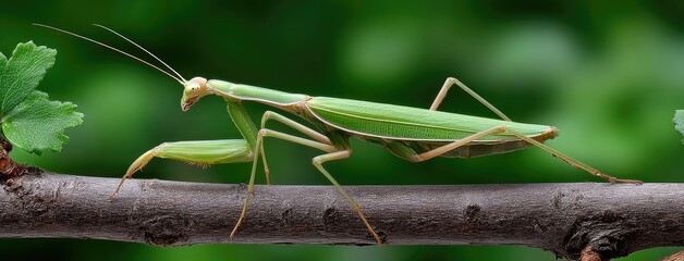 Green Asian stick insect perches on a tree branch in a tropical rainforest, illuminated by natural light from above