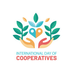International day of cooperatives celebration logo with hands and green leaves elements
