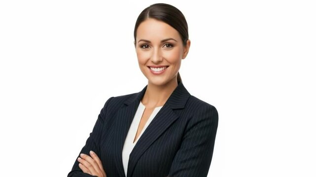Portrait of a smiling businesswoman in a dark pinstripe suit, isolated on white background