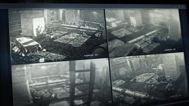 Surveillance System Observing Soldier Fighting Terrorists On Warfare Operation. Trooper Shoots Enemy Terrorist. Warfare Combat Operation On Surveillance Screens. Military Operation Surveillance