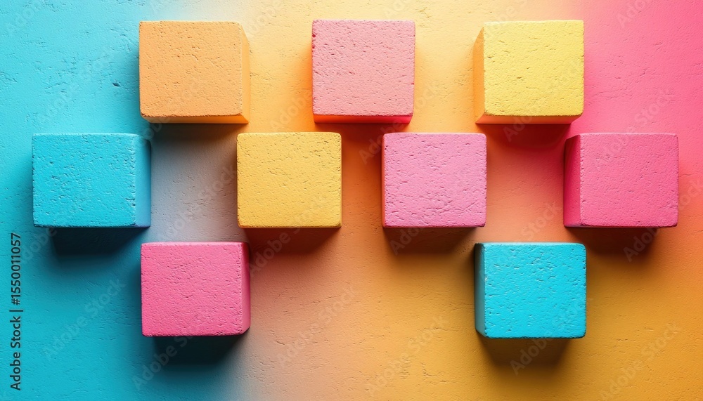 Poster nine textured, colorful cubes arranged on bright gradient background surface. use as a graphic eleme