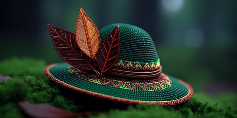 Hand-crafted green hat with autumnal leaf accents