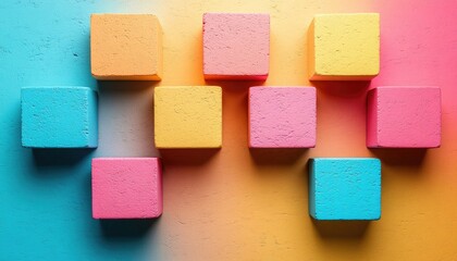 Nine textured, colorful cubes arranged on bright gradient background surface. Use as a graphic element, presentation background or design template.