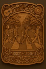 Wooden engraved artwork of iconic Abbey Road Beatles scene with 1969 label and decorative border representing music history vintage style and pop culture tribute
