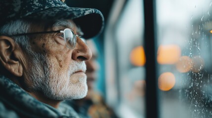 An elderly man gazes pensive through a rain-soaked window, his facial expressions reflecting deep emotions and life experiences. The soft light captures his contemplative moment beautifully.