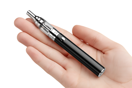 Close up of a hand holding a black e cigarette.