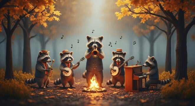A whimsical raccoon orchestra serenades the forest around a crackling campfire creating harmony