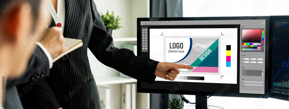 Poster graphic designer software for modern design of web page and commercial brisk ads showing on the comp