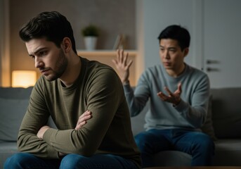 Two men are having an intense discussion, possibly an argument, on a sofa in a living room.