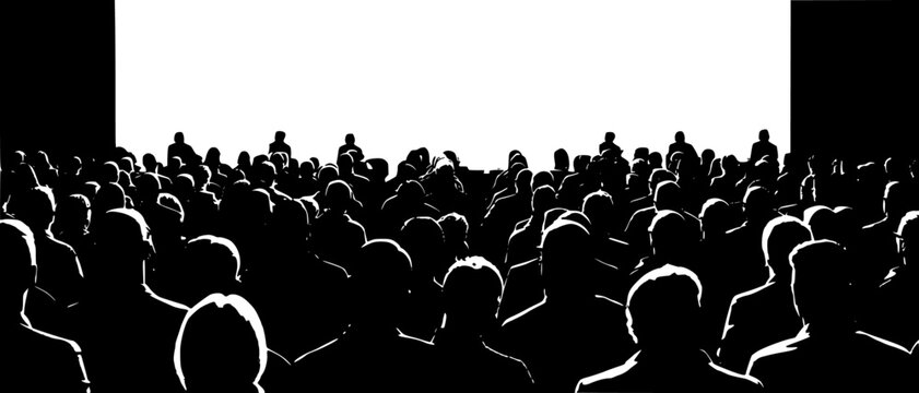 a large crowd of people watching a concert on a stage audience, black, concert, crowd, large, people, screen, silhouette, stage, watch , Generative art.