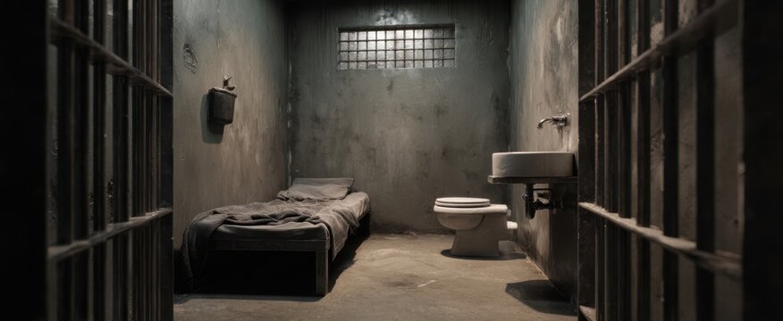 The solitary prison cell with minimal furnishings and stark shadows.