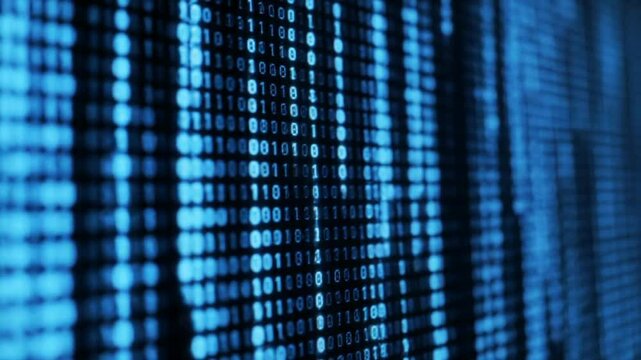 Abstract blue digital tech background with glowing binary code pattern