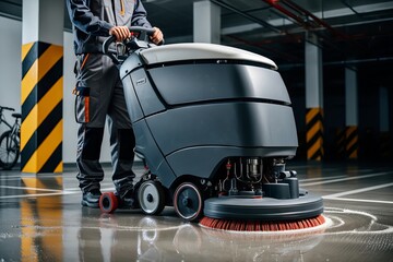 Industrial floor cleaning machine in action in underground parking space, perfect for maintenance and facility management design