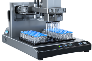 Automated liquid handling machine dispensing liquids into vials.