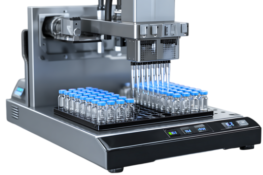 Automated liquid handling machine dispensing liquids into vials.