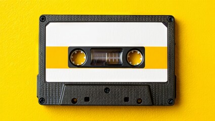 Naklejka premium Vintage audio cassette on vibrant yellow background for retro music and nostalgia-themed designs