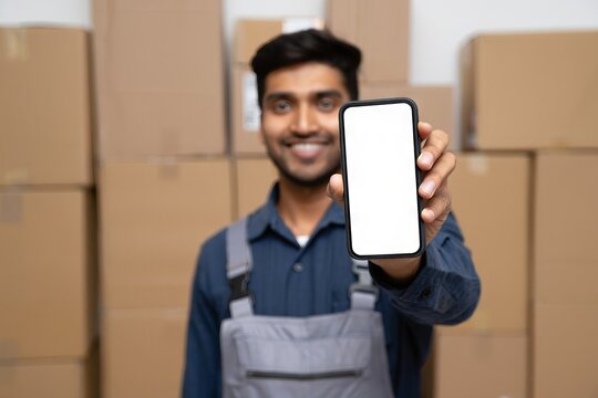 Warehouse worker in uniform presenting smartphone with blank screen for delivery app or logistics management