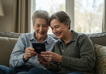 Two happy senior women are looking at a tablet while sitting together on a couch.