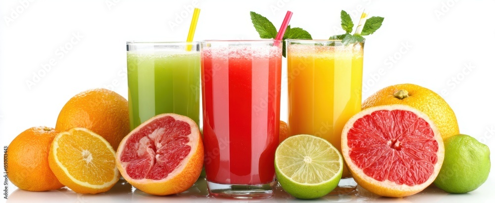 Poster the refreshing array of colorful fruit juices with vibrant citrus fruits surrounding them.