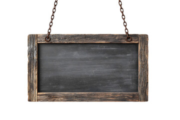 Blank rustic chalkboard sign hanging on chains.
