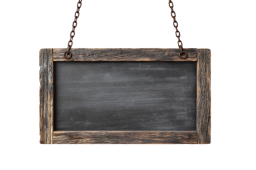 Blank rustic chalkboard sign hanging on chains.