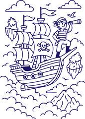 Fototapeta premium Pirate boy looking through telescope on flying ship in sky