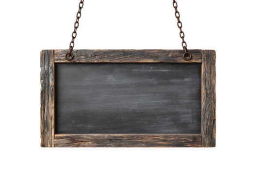 Blank rustic chalkboard sign hanging on chains.