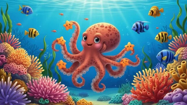 Happy Octopus in Vibrant Coral Reef - A cheerful cartoon octopus swims amidst colorful coral and tropical fish in a vibrant underwater scene.