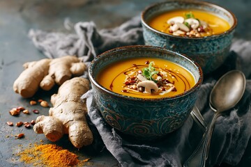 Two Bowls of Garnished Pumpkin Soup with Ginger, Turmeric, and Silverware on a Tablecloth