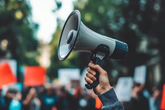 Protestors hold a megaphone. Demonstrators on the street.