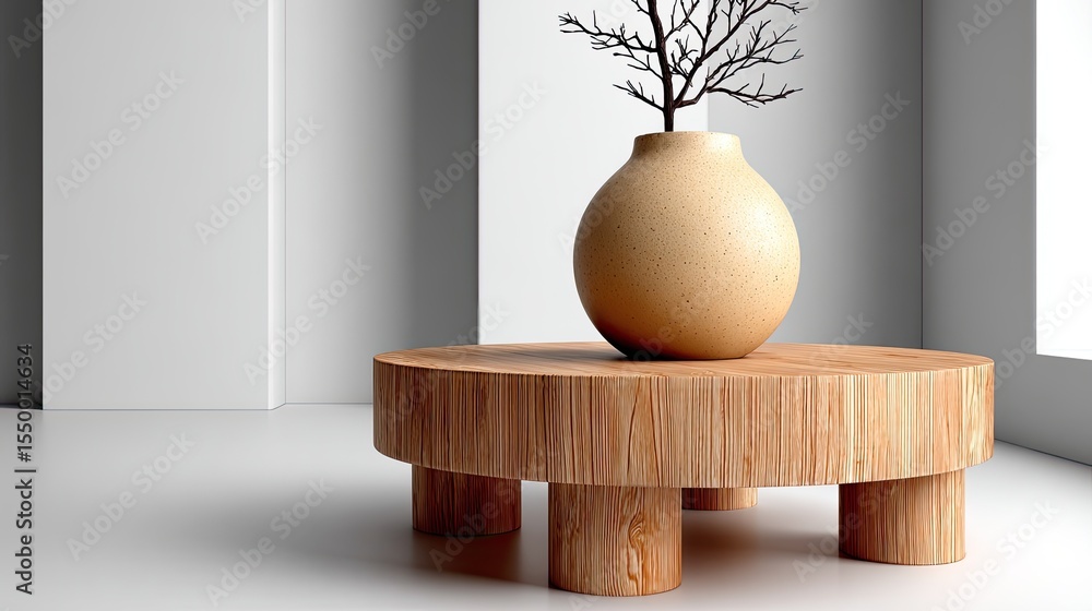 Poster a small wooden table supports a clay vase, creating a simple yet elegant display against a bright, m