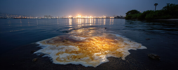 Naklejka premium A nighttime coastal scene shows water pollution with foam and debris illuminated by distant city lights reflecting on the calm sea.
