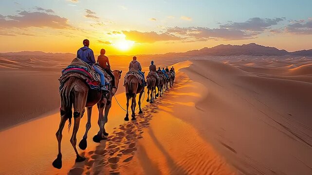 Camel caravan at sunset in the desert