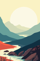 River, Stream, Sea, Water, Ocean, Tree, Stone, Rocks, Mountain Peak, Road, Moon, Sky, Sunset, Business, Mountain, Mindset, Artwork, Vector